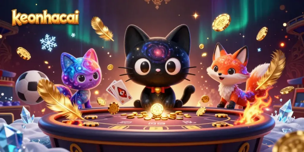 Engage with keonhacai's cosmic betting experience featuring a black hole cat and a nebula fox.