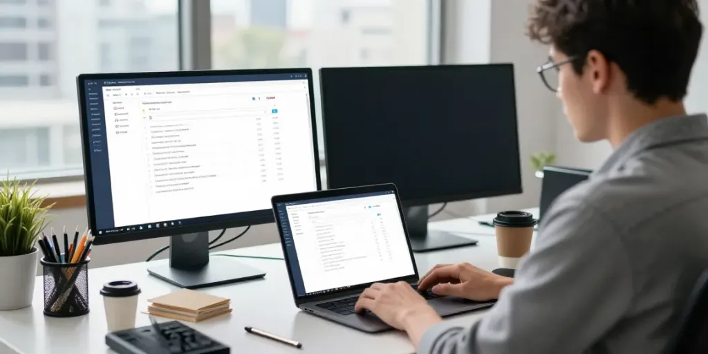 Buy domain name search results displayed on a modern workspace with dual monitors.