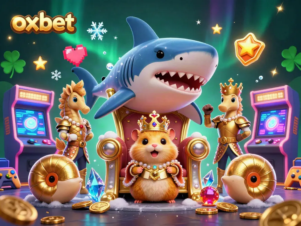 Engage with oxbet's gaming adventure featuring a tiny hamster king on a megalodon throne amid colorful arcade elements.