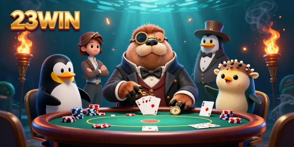 Experience gaming excitement with 23WIN, featuring a whimsical underwater poker scene.