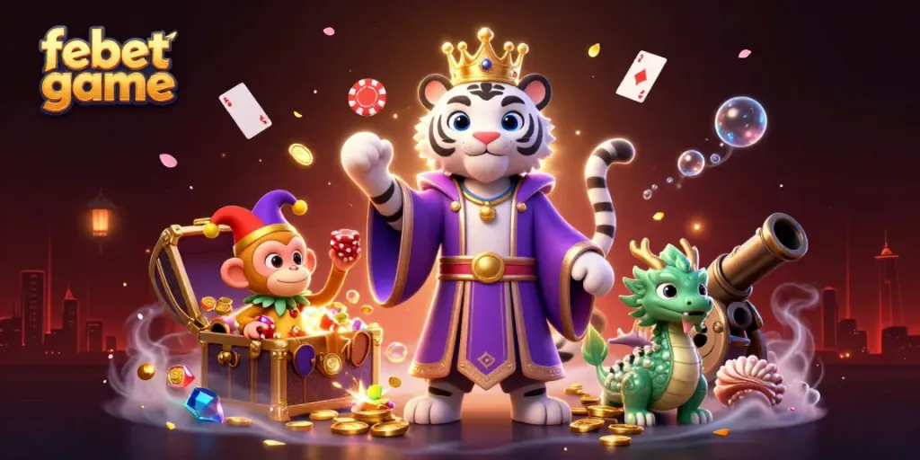 Engage with febet game through a vibrant illustration showcasing a majestic tiger, playful monkey, and interactive gambling elements.