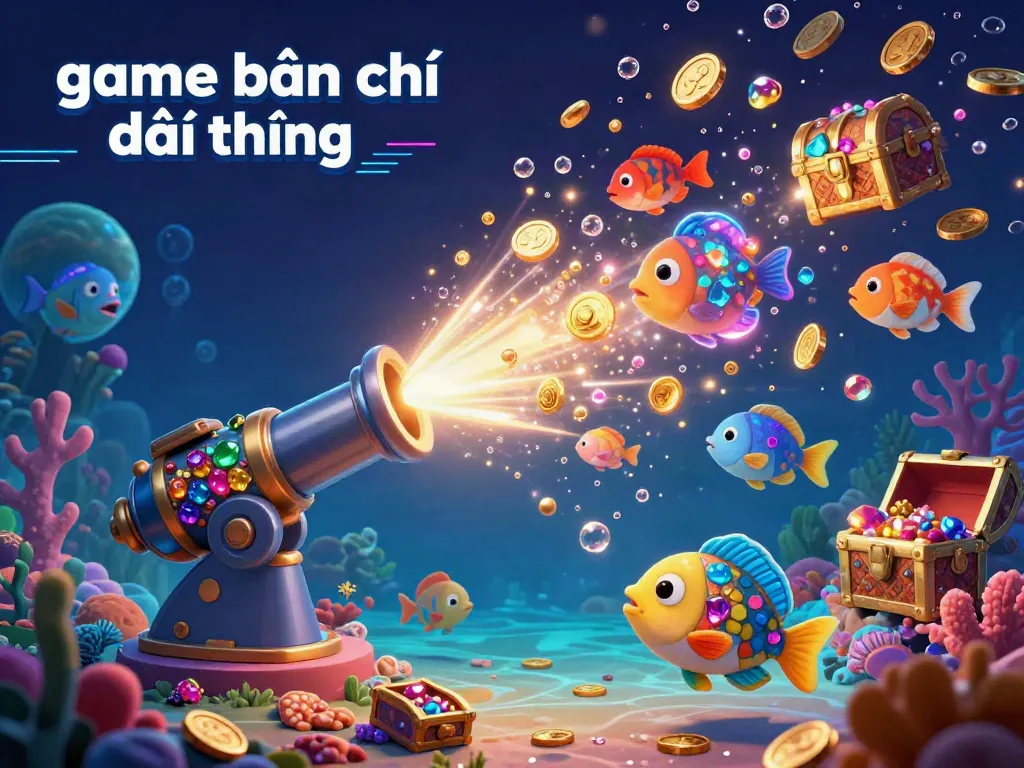 Create an engaging scene depicting "game bắn cá đổi thưởng" where players shoot vibrant fish for rewards amidst underwater treasure.