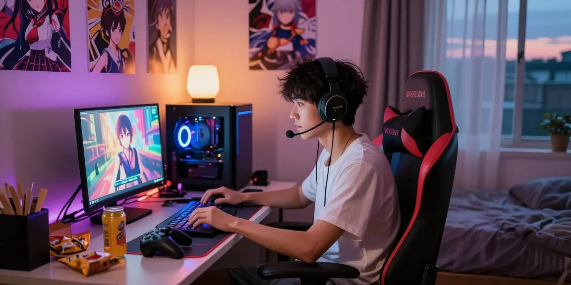 Engaging scene of a gamer playing femboy hentai games in a cozy, colorful bedroom.