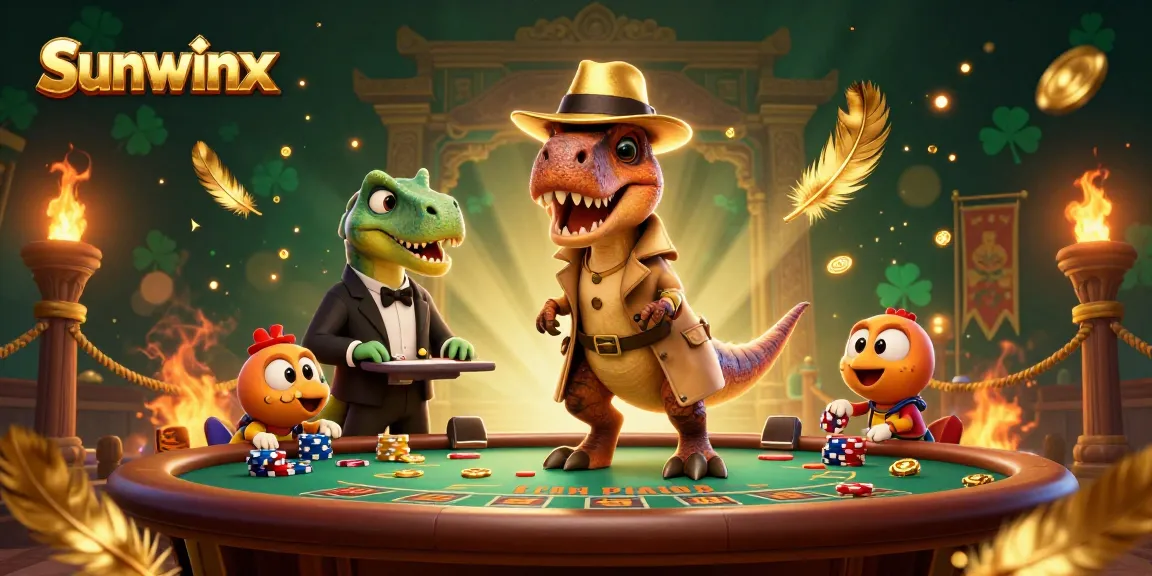 Play exciting games with sunwinx at this digital casino scene featuring animated dinosaurs.