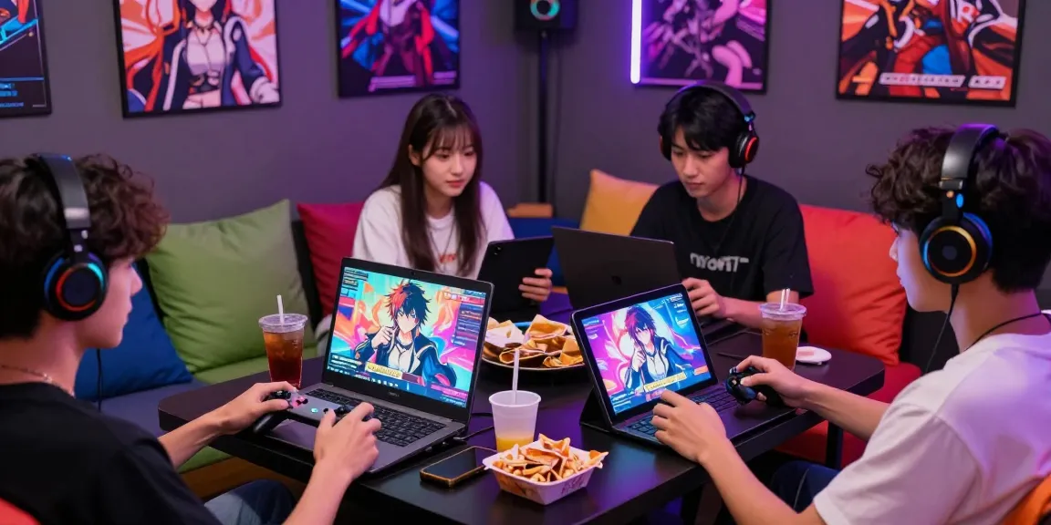Players engaging with hentai ganes on multiple devices in a vibrant gaming lounge.