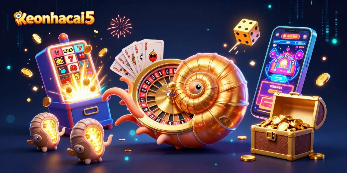 Engage with keonhacai5 at a vibrant casino scene featuring exciting slot machines and a giant nautilus.