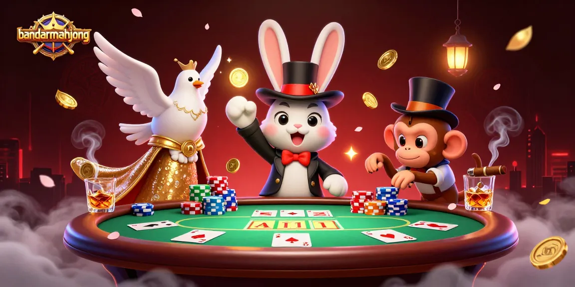 Experience the excitement of bandarmahjong with a magician rabbit showcasing poker chips and golden coins.