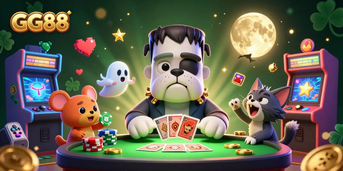 GG88's spooky casino scene with a monster dealing cards and a floating ghost mouse, full of vivid action.