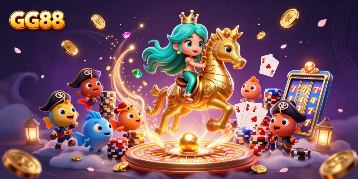 Experience the thrill of GG88 with a magical scene filled with vibrant casino elements and characters.