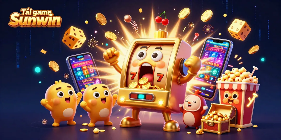 Tải game Sunwin with a excited golden slot machine hitting a jackpot, surrounded by cheering mini slots and gold coins.