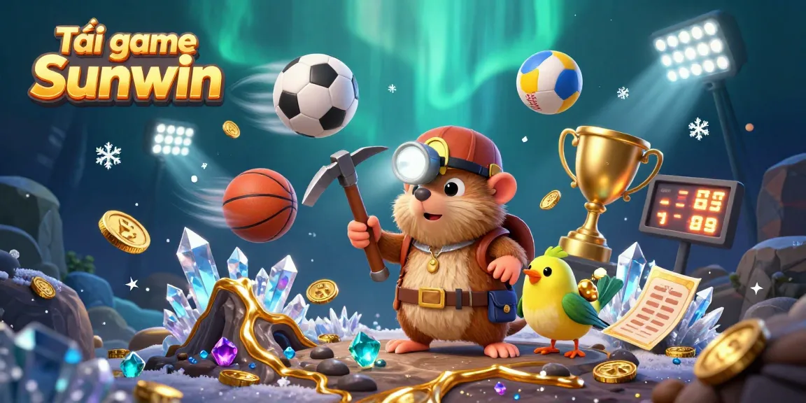 Engage with the vibrant world of Tải game Sunwin in this colourful 3D illustration featuring treasure hunting and gaming elements.