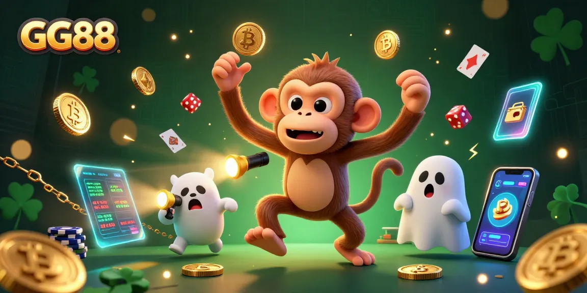 Engage in an exciting GG88 casino adventure with vibrant characters amid glowing bitcoin coins and casino elements.