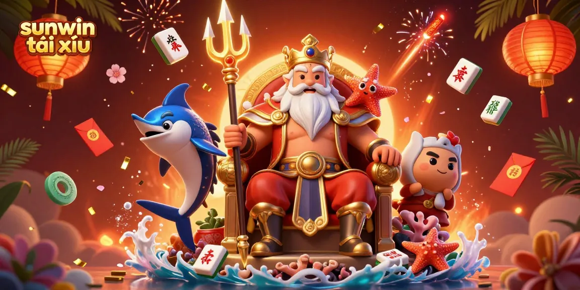 Engage in sunwin tài xỉu with Neptune and friends in a vibrant casino setting filled with festive elements.