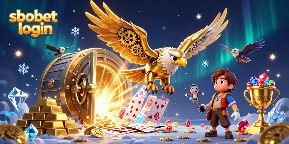Experience exciting sbobet login action with a golden eagle soaring through dynamic gambling elements.