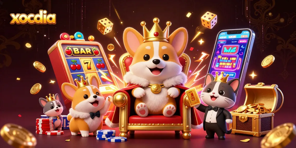 Xocdia offers thrilling gameplay with a vibrant scene of corgis and slot machines bursting with excitement.
