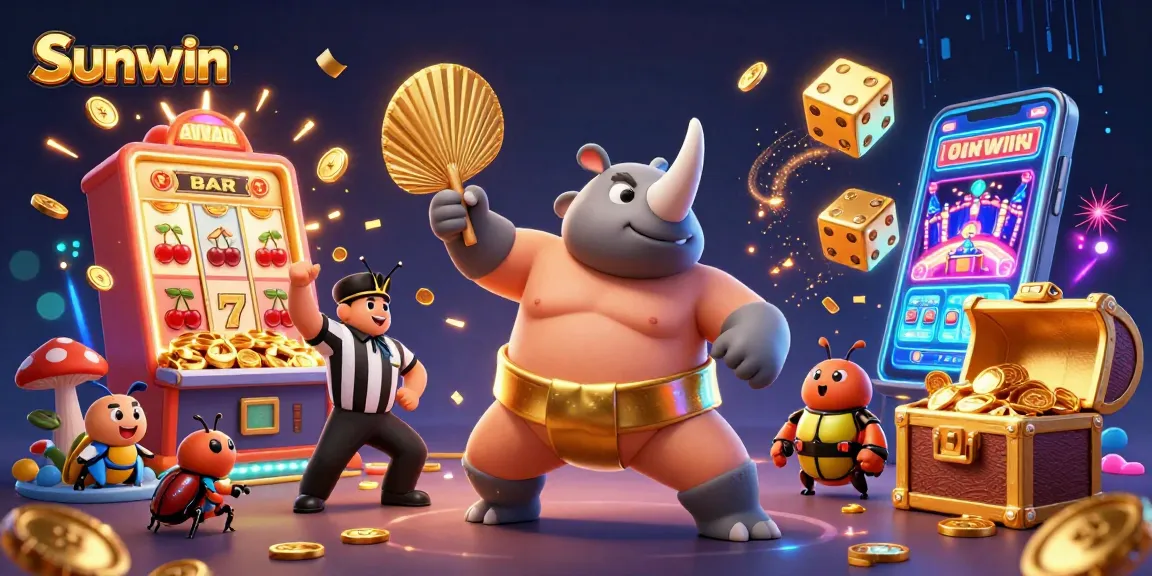 Sunwin gaming scene with a beetle champion celebrating a jackpot, showcasing vibrant slot and casino elements.