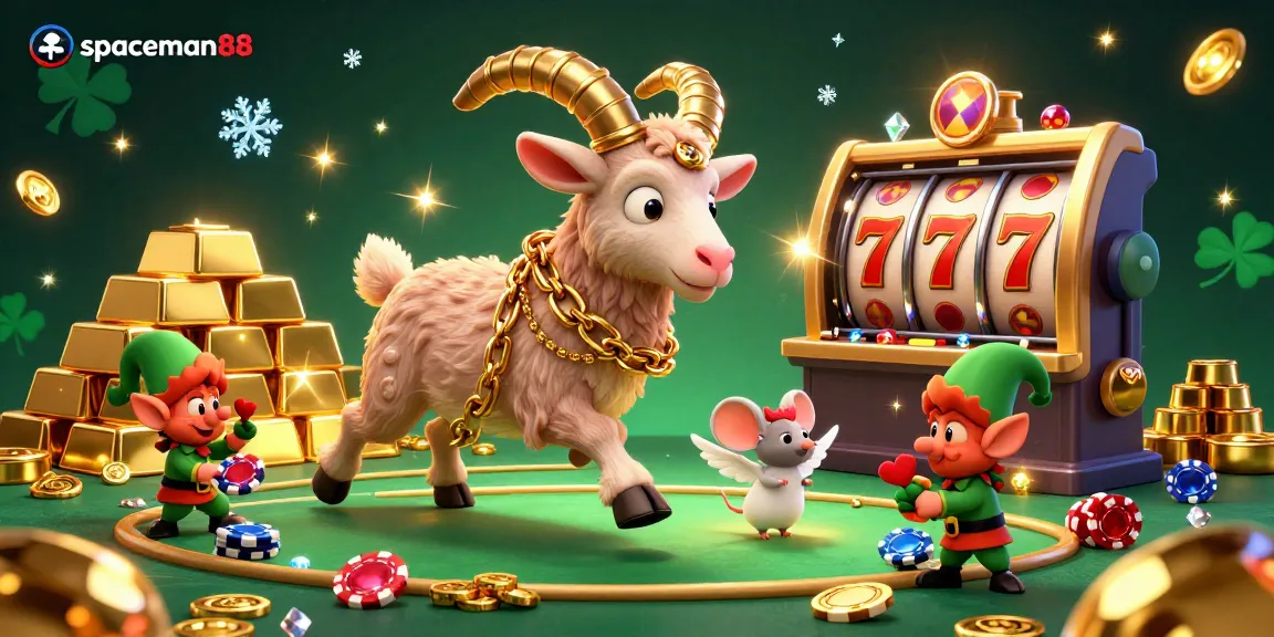 Experience the exciting slots at spaceman88 with a lively casino scene featuring festive characters and treasures.