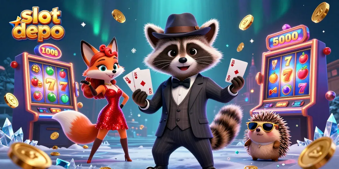 Engage in thrilling gameplay with slot depo 5000 featuring a raccoon and fox in a vibrant casino scene.