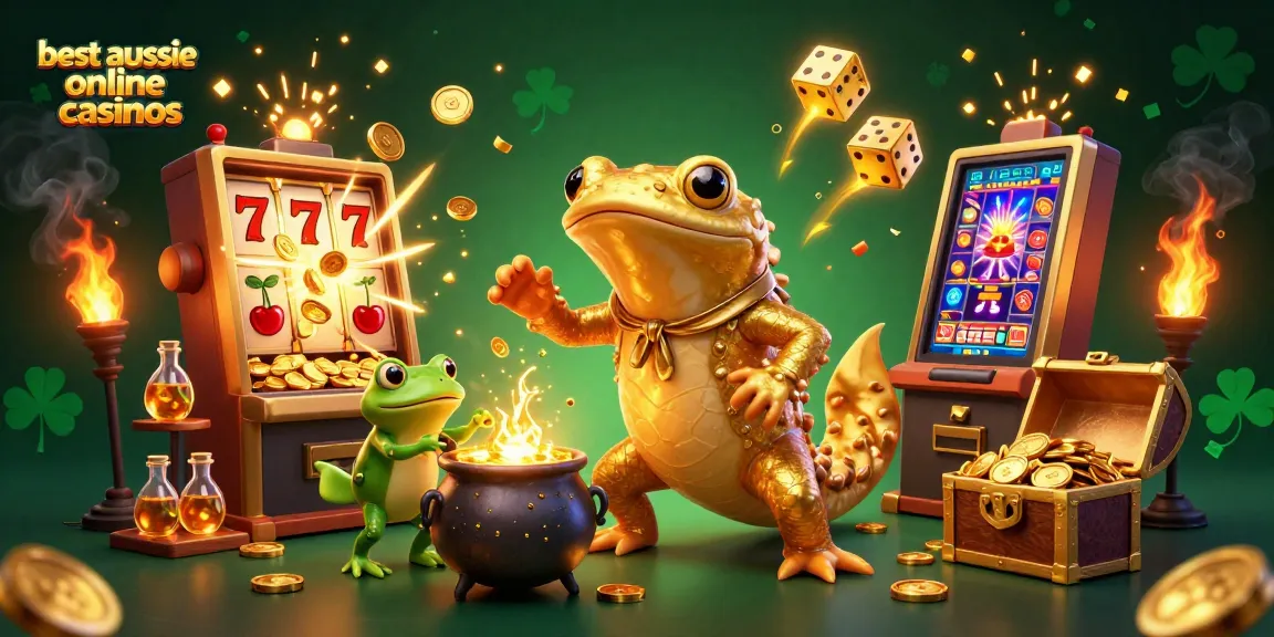 Experience the magic of best aussie online casinos with a vibrant 3D scene featuring gold coins and slots.
