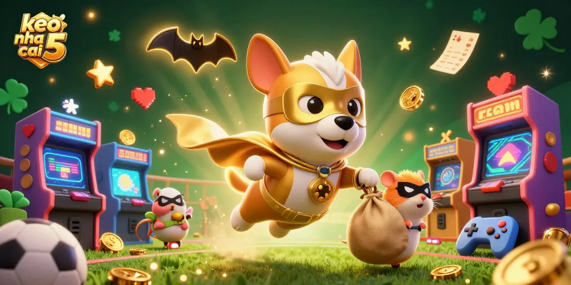 Capture the excitement of sports betting with keo nha cai 5 as a superhero dog and sidekick navigate a colorful gambling adventure.