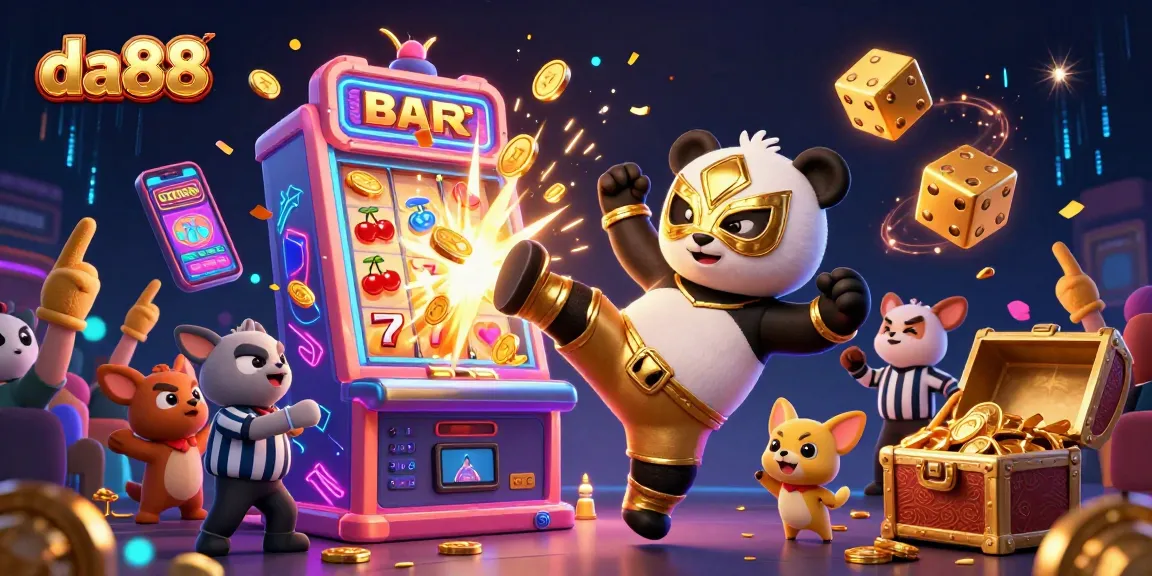 Experience the da88 excitement with a dynamic scene of a wrestling panda and a jackpot explosion.