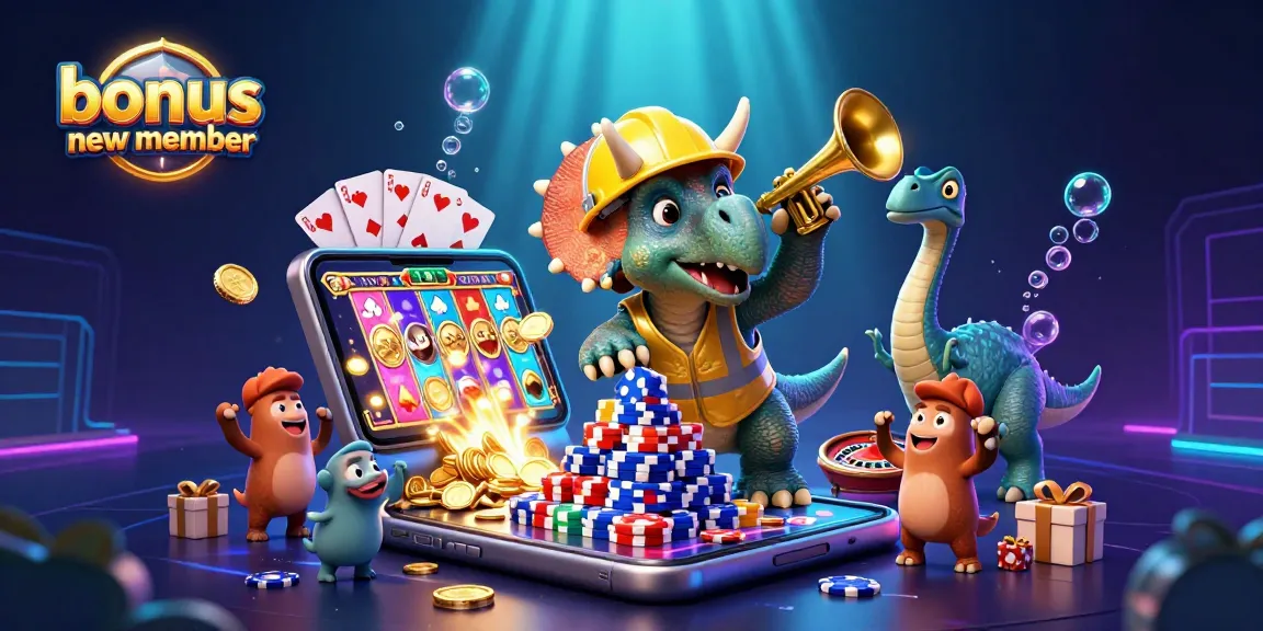 Engage with the exciting bonus new member offerings as a triceratops builds poker chips surrounded by gaming elements.