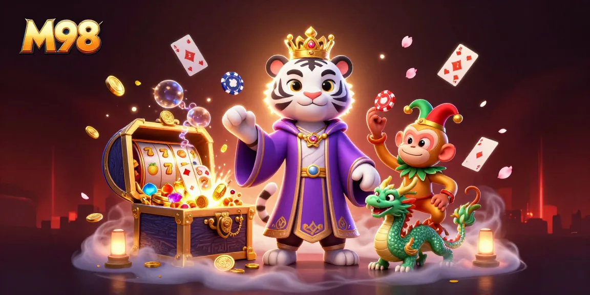 M98 immerses players in a vibrant casino scene filled with jackpots and intricate characters.