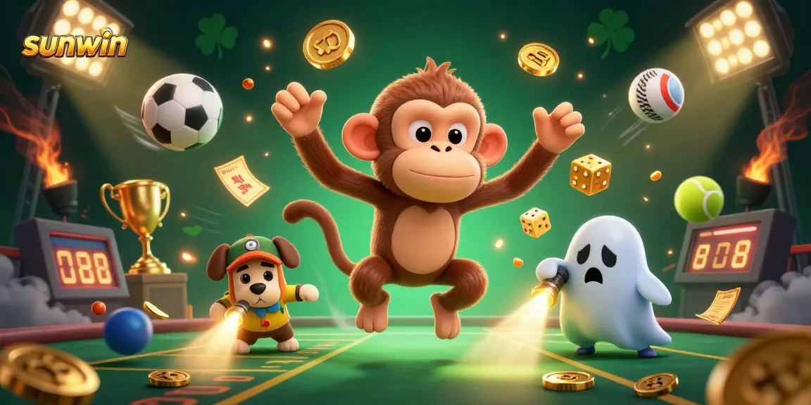 Experience thrilling gameplay at sunwin with a lively ghostly scene of golden coins and sports elements.