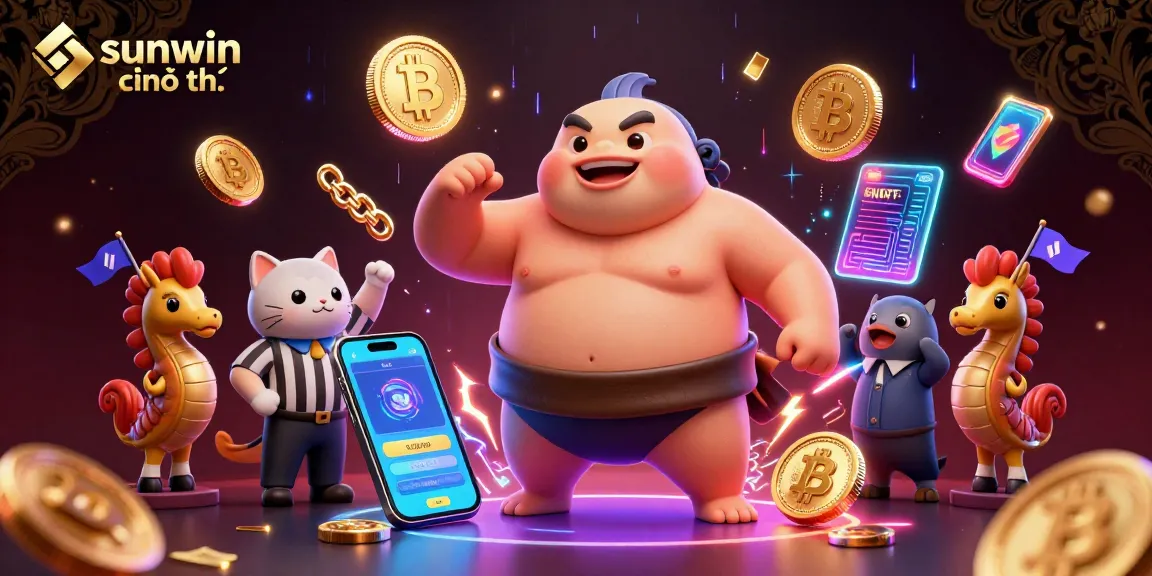 Experience the thrills of sunwin chính thức in an electrifying casino scene featuring vibrant 3D characters and crypto elements.